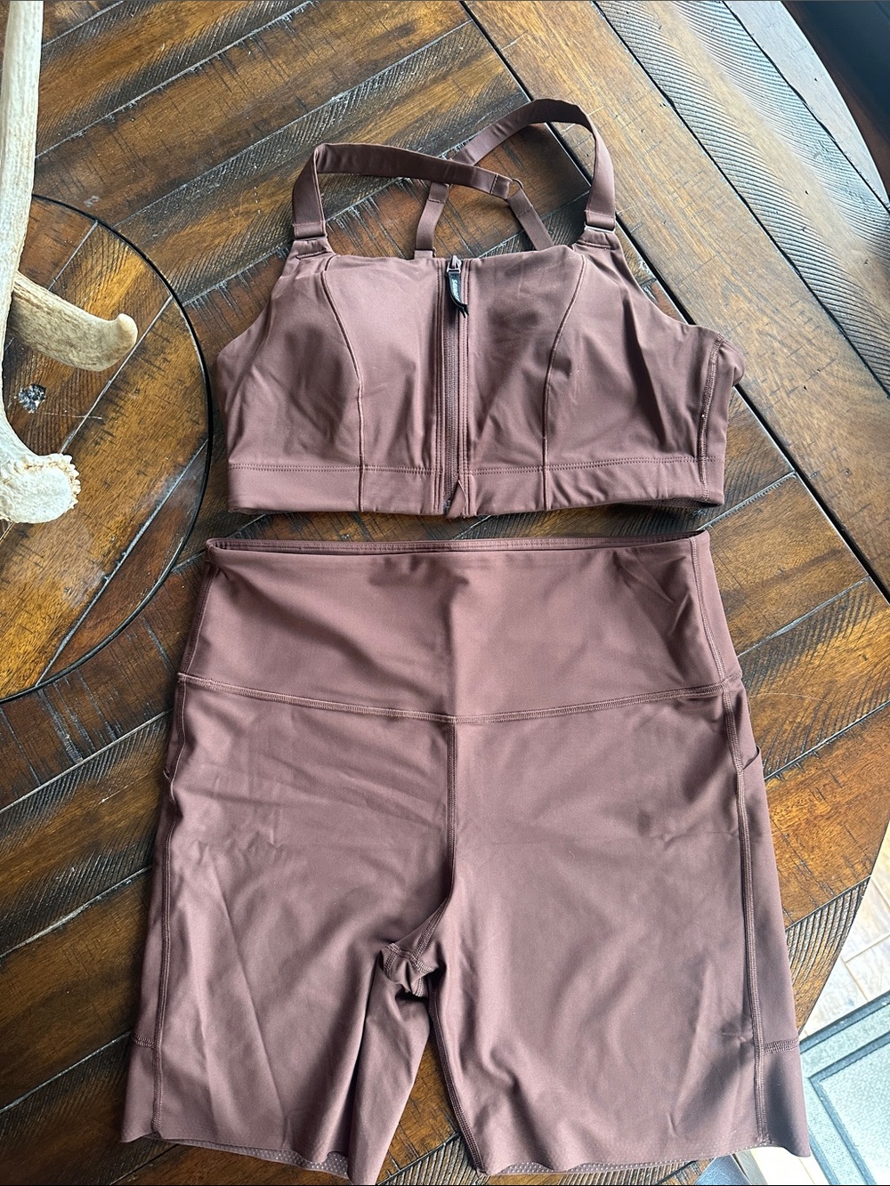 Savage X Fenty Brown Zip Sports Bra & High-Waist Bike Shorts Set